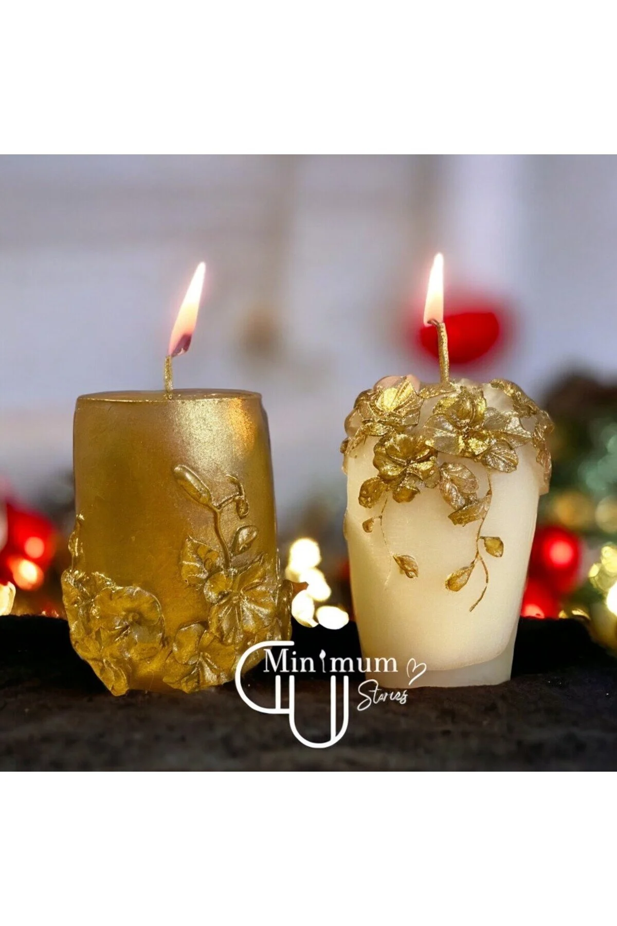 Golden Vanilya Kokulu Rattan Çiçekli Desenli Gold Baton 2'li Mum Seti Dekoratif Hediye Altın - Beyaz