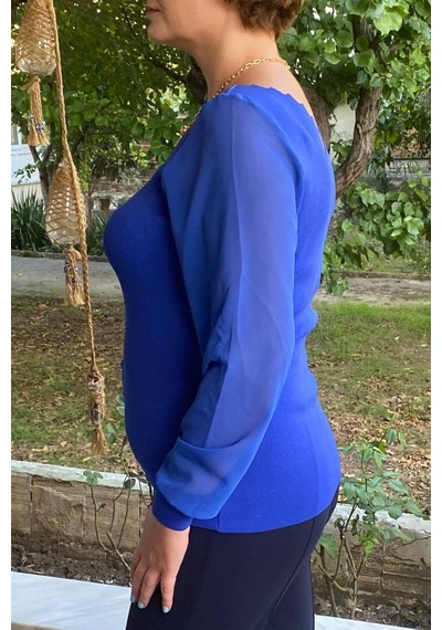 Mia Butik Büyük Beden Saks Mavi Merdiven Yaka Triko Bluz -1259 Saks Mavi
