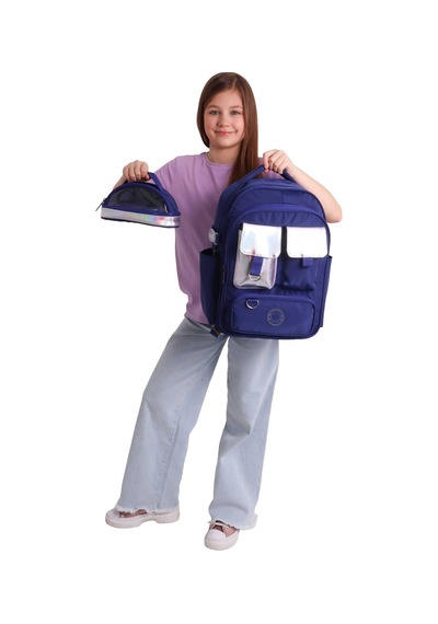 Kaukko Navy Blue Silver Kız Çocuk Lacivert - Gümüş Okul Sırt Çantası Ve Kalem Çantası Seti - Setkk-k1861c