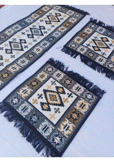 Oto Koltuk Üstü Kilim 45x50cm 50x130cm Gri&siyah&kahve 3'lü Set