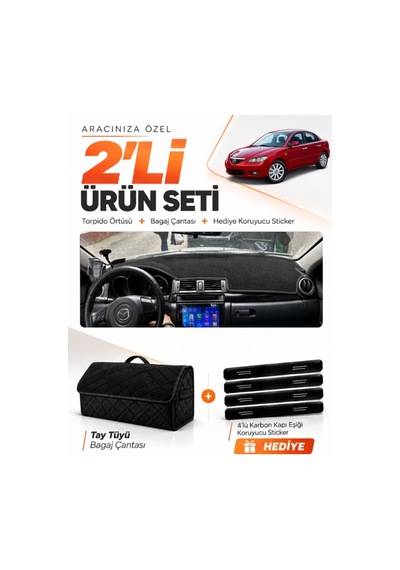 E-biz Mazda 3 2003-2009 Uyumlu Torpido Örtüsü + Tay Tüyü Bagaj Çantası Seti - Siyah - Ma001