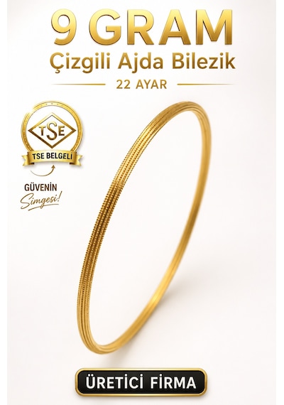 22 Ayar Tse Belgeli 9 Gram Çizgili Ajda Altın Bilezik İşçiliksiz
