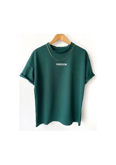 Flood Of Style Erkek Koyu Yeşil Freedom Baskılı Oversize Bisiklet Yaka Kısa Kollu T-shirt