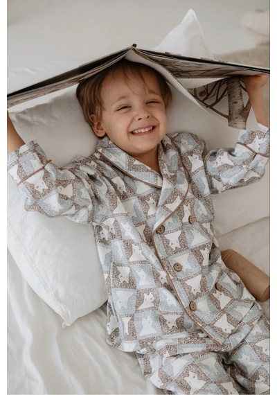 Oh La La Koala Kedi Desenli Yaka Detaylı Çocuk Pijama Takımı Sütlü Kahve