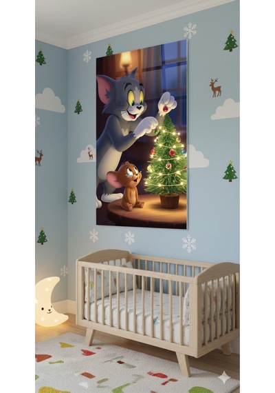Tom Ve Jerry Yılbaşı Temalı Cam Tablo Çocuk Odası & Salon Dekorasyonu, Dekoratif Duvar Tablosu