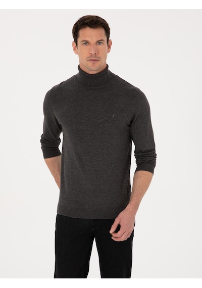 Cacharel Füme Slim Fit Pamuk Karışımlı Balıkçı Yaka Basic Triko Kazak Gri