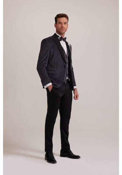 Ysf Erkek Gri Şal Yaka Yelekli Slim Fit Damatlık