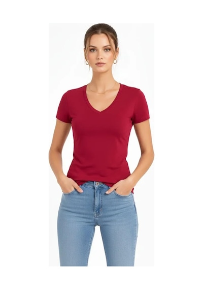 Kadın Bordo V Yaka Slim Fit Likralı Günlük Basic Body Tişört