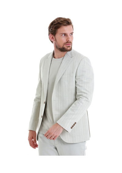 Hatemoğlu Bej Slim Fit Çizgili Mono Yaka Casual Keten Ceket 14242024c002 25 Bej