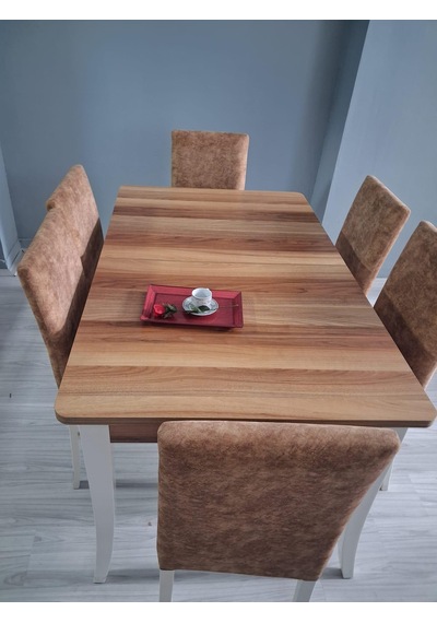 Masa Sandalye Mizan 90656 Ceviz Tabla Kırık Beyaz Ayak 6 Adet Sandalye Ahşap  -  Beyaz