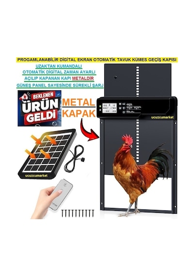 Otomatik Kümes Kapısı Güneş Panelli Şarjlı Programlanabilir Dijital Ekranlı