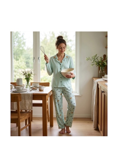 Pijamoni Kadın Premium Milan Kumaş Gömlek Yaka Uzun Kollu Pijama Takımı Su Yeşili Desenli Pijamoni Kadın Premium Milan Kumaş Gömlek Yaka Uzun Kollu Pijama Takımı Su Yeşili Desenli