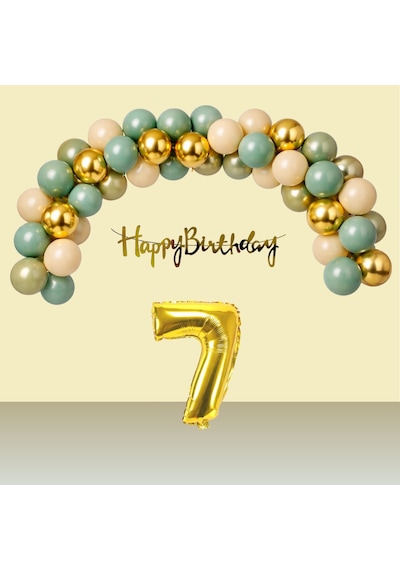 7 Yaş Retro Gold Kromgold Küfyeşili Kumbeji Balon Happy Birthday Banner Gold Rakam Doğum Günü Süsü Çok Renkli