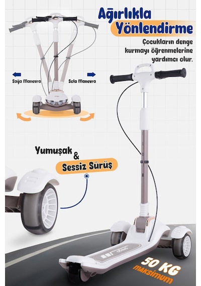 Prego Veyron Bluetoothlu Müzikli Işıklı Çocuk Scooter Katlanabilir - Yükseklik Ayarlı Bej