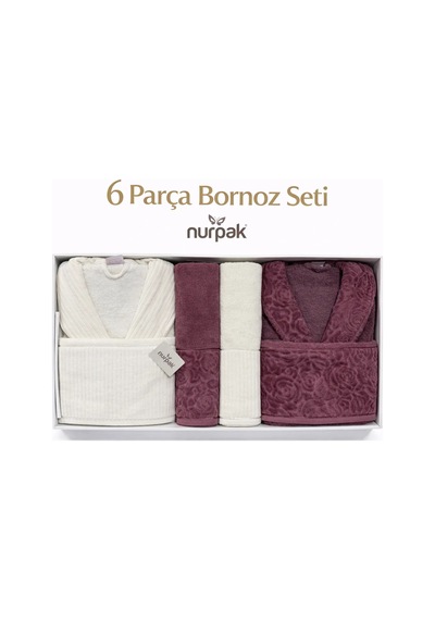 Sevgi 8 Parça Aile Bornoz Takımı Krem-mürdüm