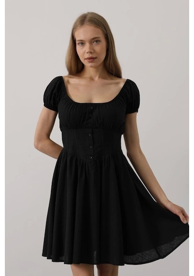 Defymoda Beli Korseli Mini Elbise - Siyah Siyah