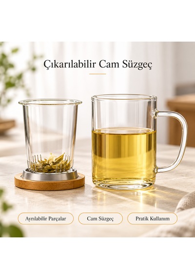 2 Li Cam Süzgeçli Bambu Kapaklı Borosilikat Kupa 400 Ml Kulplu Bitki Çayı Demleme Ve Sunum Bardağı Şeffaf