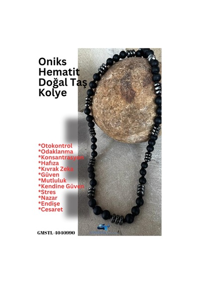 Sertifikalı Doğal Taş Oniks Hematit Erkek Kolye Çok REnkli