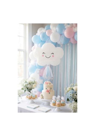 Sevimli Bulut Yüzlü Balon Stand Seti Şeffaf 7 Li Stand + Bulut Folyo Balon 48 46 Cm + 7 Lateks Balon