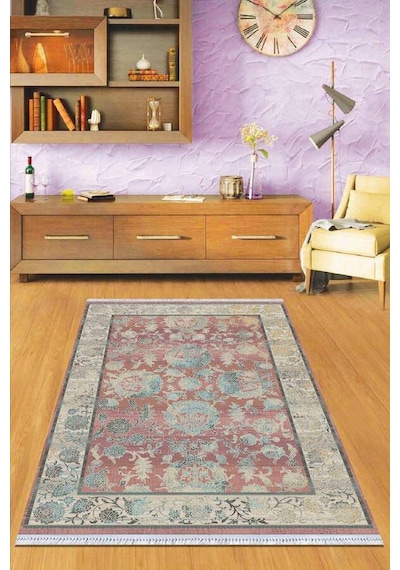 Pembe Çerçeveli Dokuma Pamuk Taban Kaymaz Kilim Klm094n11