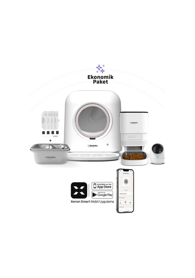 Xenon Smart Akıllı Otomatik Kedi Tuvaleti Mama Kabı Çelik Su Pınarı İç Mekan Kamera Ve Yedek Filtre 5'li Pet Ürünleri Seti