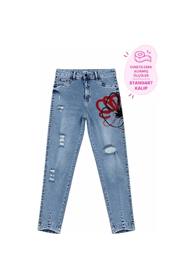 Trieste Büyük Beden Yüksek Bel Yıkamalı Denim Yırtık Ve Taş İşlemeli Baskı Detaylı Kadın Pantolon Mavi Trieste Büyük Beden Yüksek Bel Yıkamalı Denim Yırtık Ve Taş İşlemeli Baskı Detaylı Kadın Pantolon Mavi