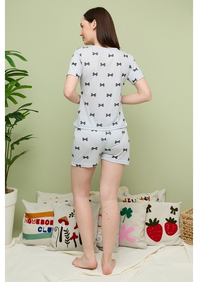 Fullamoda Fiyonk Desenli Bisiklet Yaka Şortlu Pijama Takımı Siyah