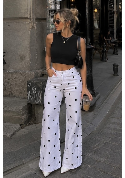 Madmext Beyaz Puantiye Desenli Yüksek Bel Pantolon Mg2861