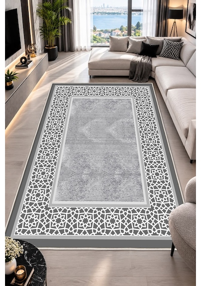 Gri Krem Dijital Baskı Halı Kaymaz Tabanlı Yıkanabilir Halı Yolluk Salon Halısı2159