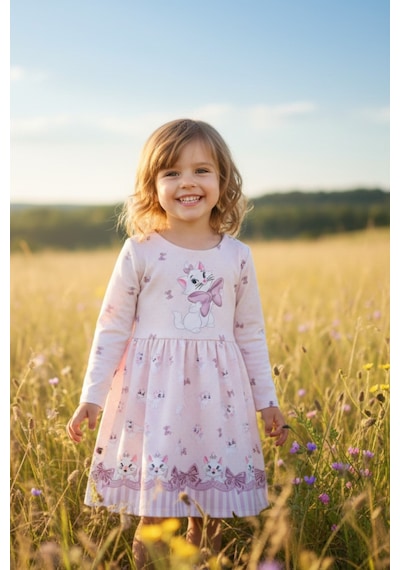 Esila Kids Kız Çocuk Elbise Uzun Kollu Kedi Desenli Fiyonklu Pembe