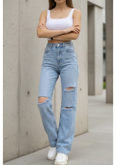 Woddi Bella Taş Salaş Dizi Yırtık Rahat Kesim Palazzo Jeans Kot Pantolon