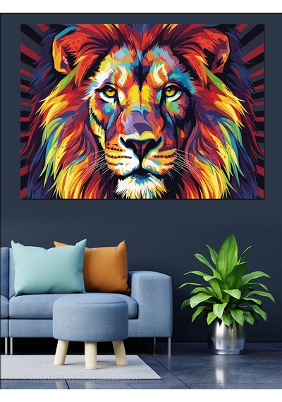 Ahşap Tablo Renkli Aslan Başı Pop Art