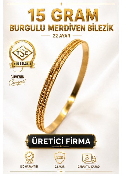 22 Ayar Tse Belgeli 15 Gram Burgulu Merdiven Ajda Altın Bilezik Gold Bilezik Düğün Nişan