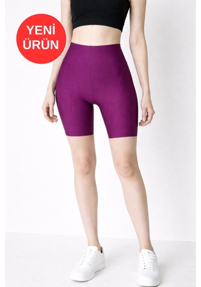 Soft&Basic Kadın Curve İnterlok Kumaş Yüksek Bel Büyük Beden Biker Kısa Şort Tayt Mor