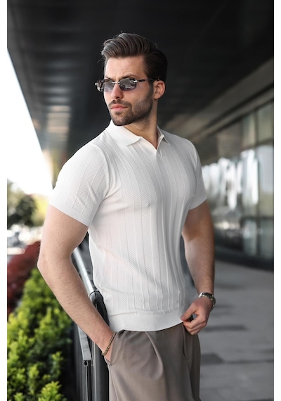 Madmext Beyaz Slim Fit Polo Yaka Triko Erkek Tişört E7491
