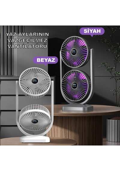 Robeve İkili Fan Vantilatör Şarjlı Masaüstü Vantilatör Fan - Yüksek Pil Kapasitesi - Güçlü Fan Motoru - Ayarlanabilir Başlık - Maksimum Serinlik