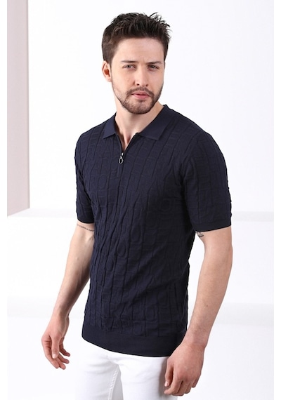 Ferraro Lacivert Polo Yaka Fermuarlı Erkek Pamuk Triko T-Shirt-Lacivert (490417803) Lacivert