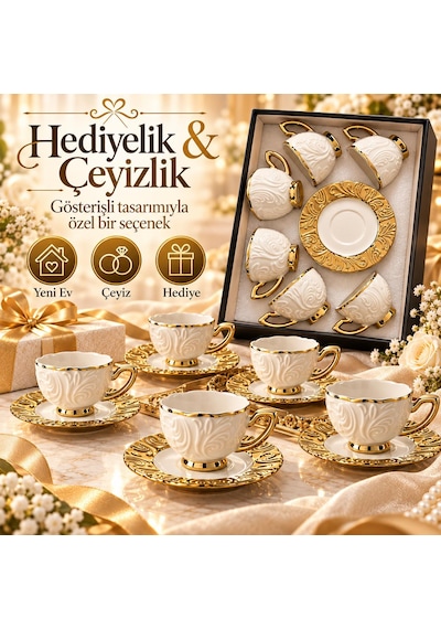 Valkyrie Hürrem Serisi 6 Kişilik 12 Parça Kahve Fincan Takımı 100ml Kabartmalı Altın Detaylı Set Beyaz Altın