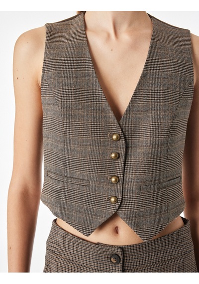 Koton Viskon Karışımlı Slim Fit Düğmeli V Yaka Kolsuz Klasik Yelek Kahverengi Ekose 7wak20141ew Koton Viskon Karışımlı Slim Fit Düğmeli V Yaka Kolsuz Klasik Yelek Kahverengi Ekose 7wak20141ew