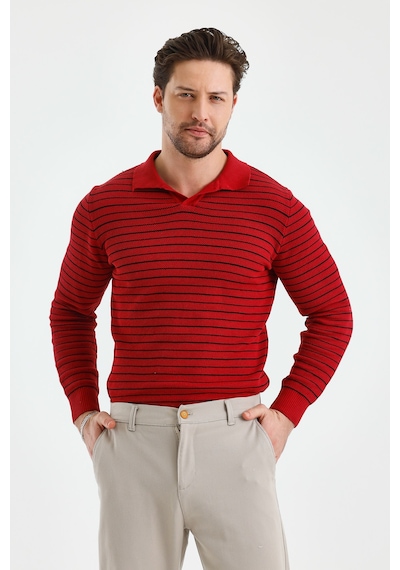 Erkek Patlı Slim Fit Çizgi Detaylı Uzun Kollu Polo Yaka Triko Kazak beyaz