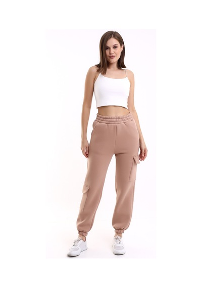 Winmoda34 Kadın Jogger Kalın 3 İplik Yandan Cepli Kargo Eşofman Altı Bisküvi