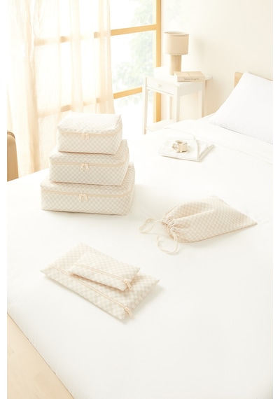 Ocean Home Textile 6'lı Yıkanabilir Bej Dama Desen Pamuklu Bavul İçi Düzenleyici Set Bej