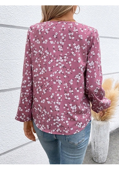 Moderie Butik Kadın Uzun Kollu V Yakalı Çiçek Desenli Modal Bluz Pembe
