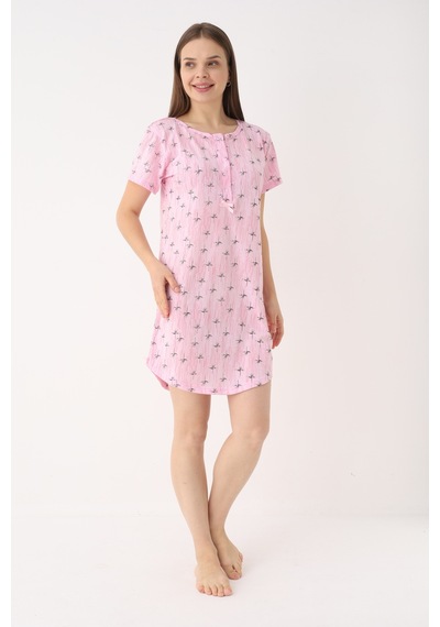 Yasar Underwear Kadın %100 Pamuk Desenli Kısa Kollu Yarım Pat Düğmeli Rahat Kesim Gecelik Pembe Pembe