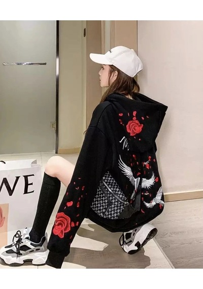 Tarzsokak Özel Tasarım Kapüşonlu Fermuarlı Red Rose Baskılı Süper Oversize Kadın Ceket-sweats Beyaz Siyah