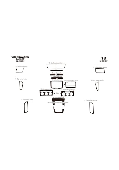 Volkswagen Passat Uyumlu Torpido Kaplama 2005-2010 18 Parça Koyu Meşe