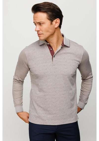Desen Triko Erkek Polo Yaka Desenli Uzun Kollu Sweatshirt Bej Bej
