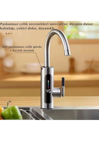 Elektrikli Anında Su Isıtıcı Musluk 3000 W Led Dijital Göstergeli Paslanmaz Çelik Musluk Gri