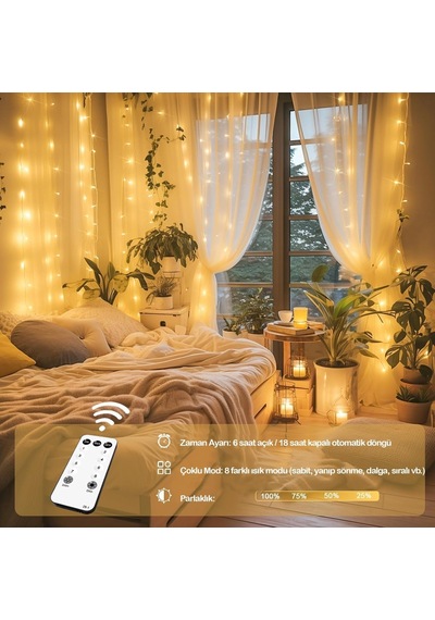Light Home 300 Led Işık Perdesi 3x3 Metre Sıcak Beyaz Usb Bağlantılı 8 Farklı Işık Modlu Dekoratif Perde Led I Diğer
