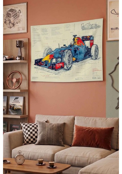 Red Bull Formula 1 Yarış Aracı Blueprint Dekoratif Duvar Örtüsü Duvar Halısı Beyaz